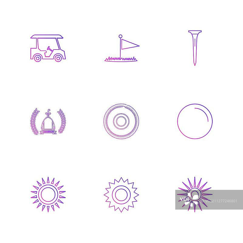 天气、体育、气候、高尔夫、太阳、球、高尔夫球棒、击球、射击、夏季、雪、云、雨、山丘、球车、球童、球位标志、图标、矢量、设计、扁平风格、创意图标合集图片素材