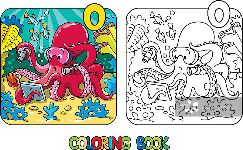 章鱼海洋学家ABC着色书字母O图片素材