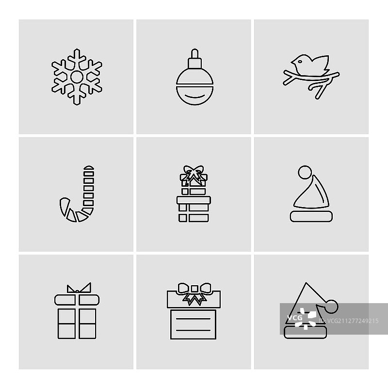 圣诞节前夕：雪花、树木、糖果、新年、庆祝、礼品盒、降雪、冬季、连衣裙图标矢量设计图片素材