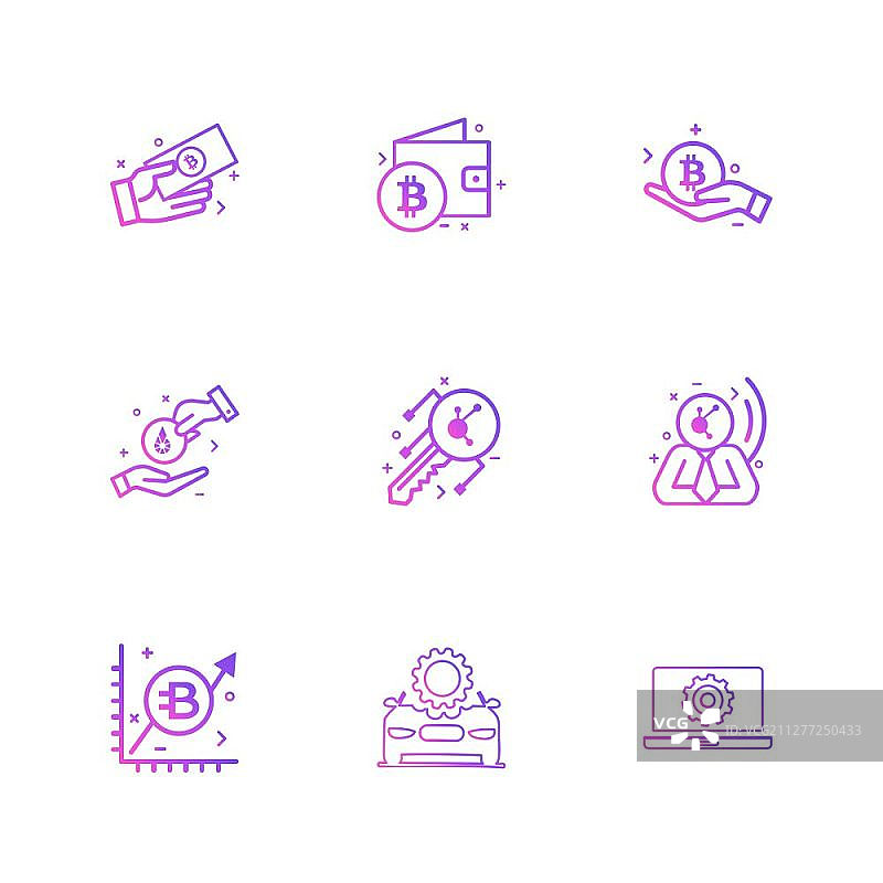 比特币、钱包、加密货币、公司、笔记本电脑设置图标矢量设计图片素材