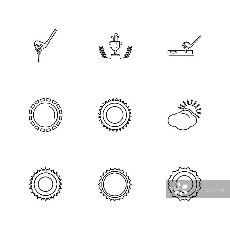 天气、体育、气候、高尔夫、太阳、球、高尔夫球棒、击球、射击、夏季、雪、云、雨、山丘、球车、球童、球位标志、图标、矢量、设计、扁平风格、创意图标合集图片素材