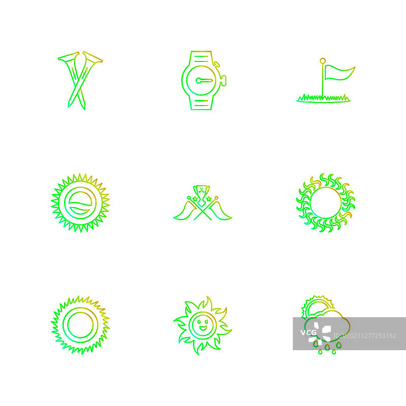 天气、体育、气候、高尔夫、太阳、球、高尔夫球棒、击球、射击、夏季、雪、云、雨、山丘、球车、球童、球位标志、图标、矢量、设计、扁平风格、创意图标合集图片素材