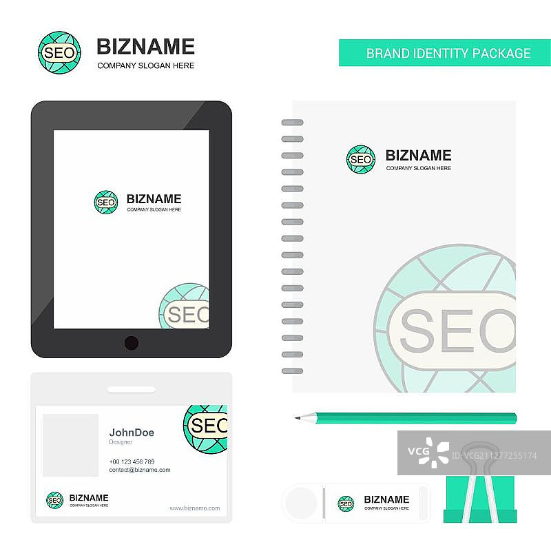 SEO商业Logo、Tab应用、日记PVC员工卡和USB品牌文具套装设计矢量模板图片素材