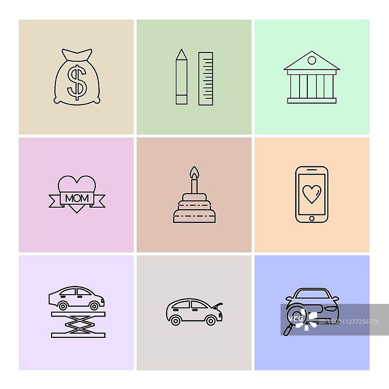 美元、铅笔、比例、银行、手机、汽车、妈妈、心、蛋糕、千斤顶图标矢量扁平收藏风格创意图标图片素材