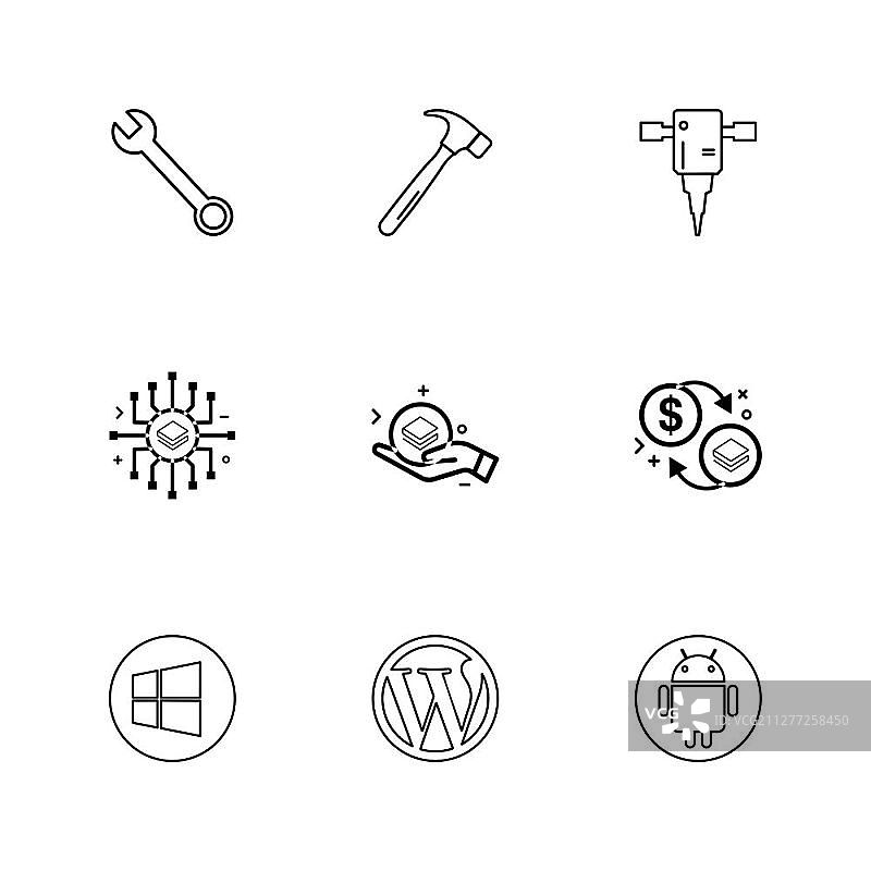 锤子、扳手、千斤顶、加密货币、美元图标设计图片素材