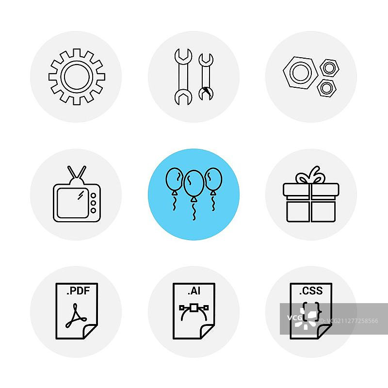齿轮、扳手、螺母螺栓、电视、气球、礼品盒、PDF文件、AI文件、CSS文件、图标、矢量、设计、扁平风格、合集、创意图标图片素材