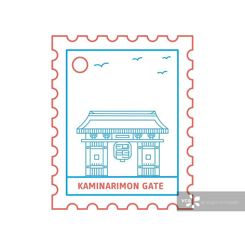 KAMINARIMON GATE邮票蓝色和红色线风格，矢量插图图片素材