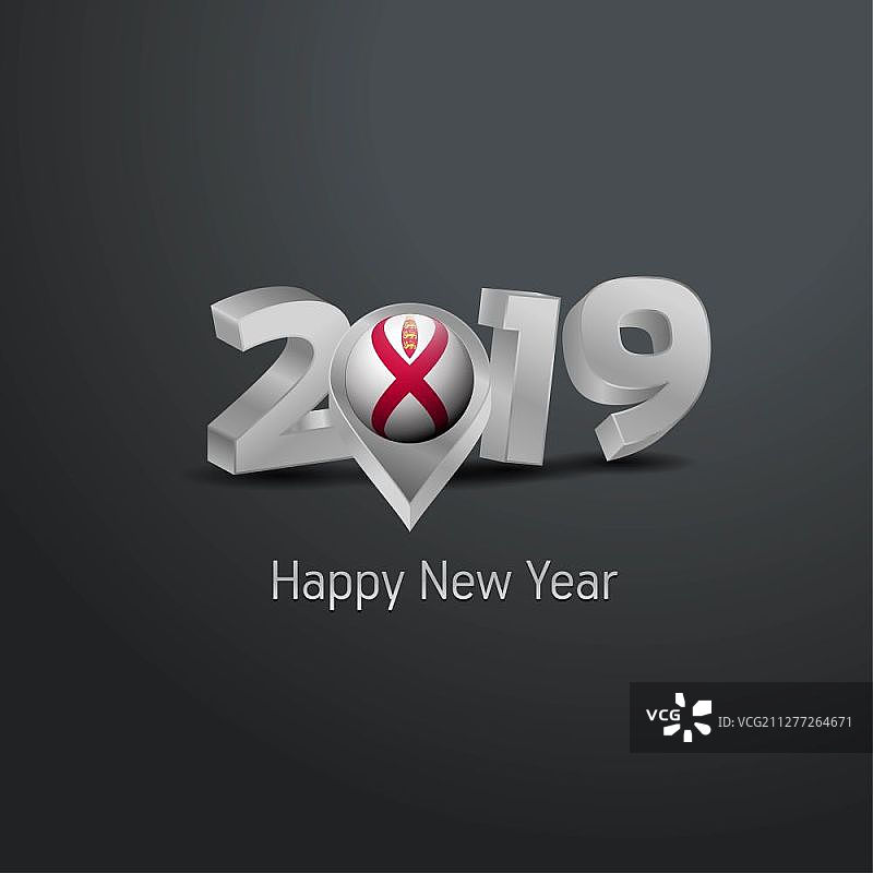 2019新年快乐灰色排版与泽西岛旗位置图钉，国家标志设计图片素材