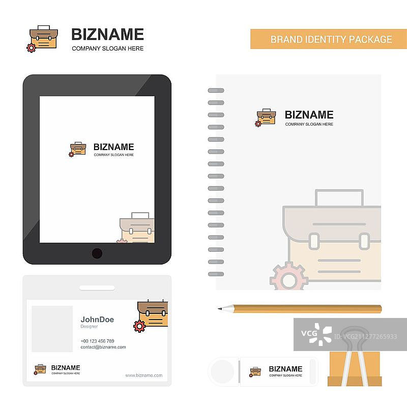 公文包商务Logo、Tab App、日记PVC员工卡和USB品牌文具套装设计矢量模板图片素材