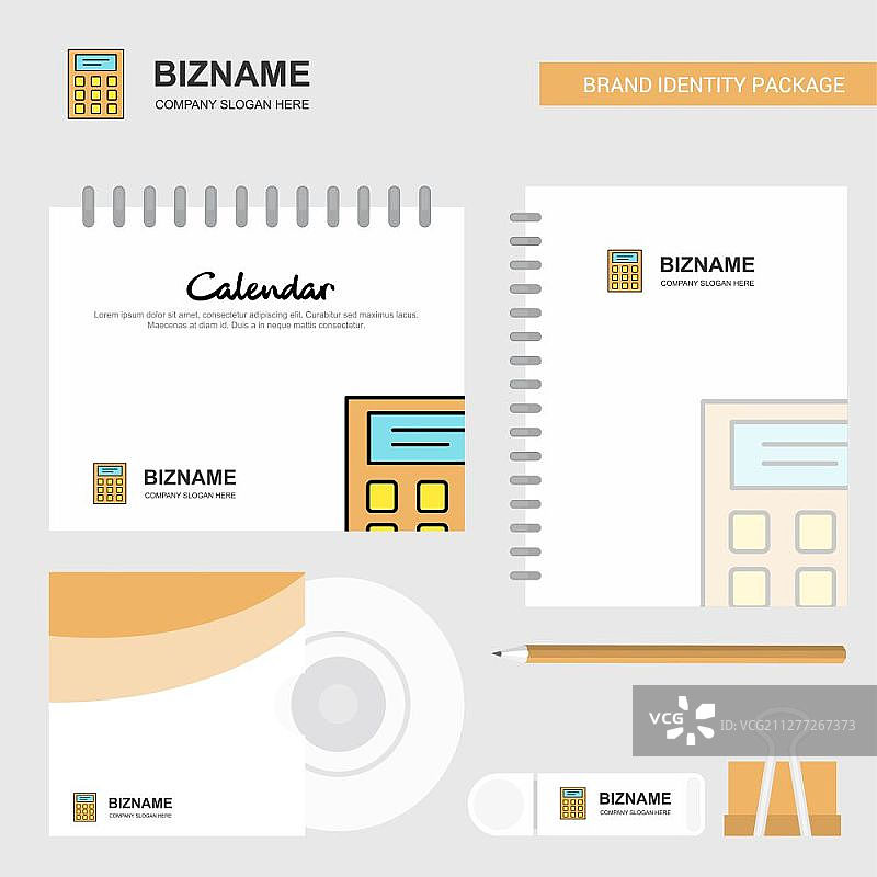 计算器标志、日历模板、CD封面、日记和USB品牌文具套装设计矢量模板图片素材