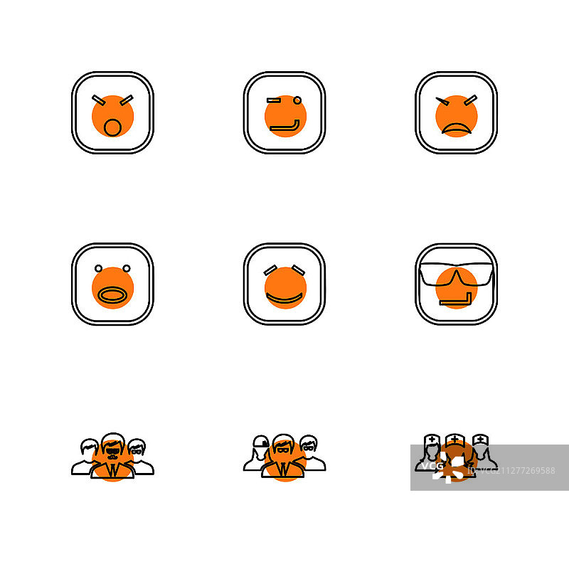 表情符号系列：快乐、悲伤、哭泣、大笑、浪漫、爱、愤怒、困惑、英俊、紧张、友善、微笑，扁平风矢量图标设计图片素材