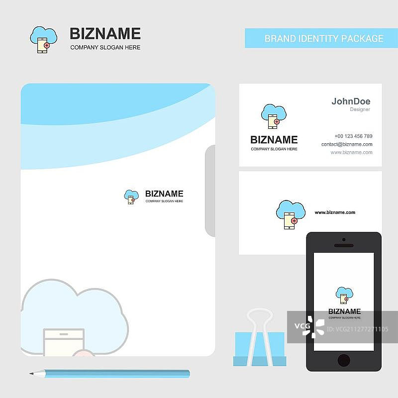 带智能手机的云商务Logo、文件封面、名片和App设计矢量插图图片素材