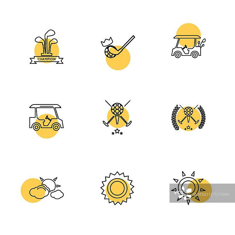 天气、体育、气候、高尔夫、太阳、球、高尔夫球棒、击球、射击、夏季、雪、云、雨、山丘、球车、球童、球位标志、图标、矢量、设计、扁平风格、创意图标合集图片素材