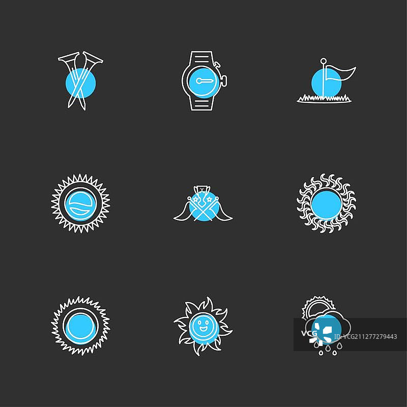 天气、体育、气候、高尔夫、太阳、球、高尔夫球棒、击球、射击、夏季、雪、云、雨、山丘、球车、球童、球位标志、图标、矢量、设计、扁平风格、创意图标合集图片素材