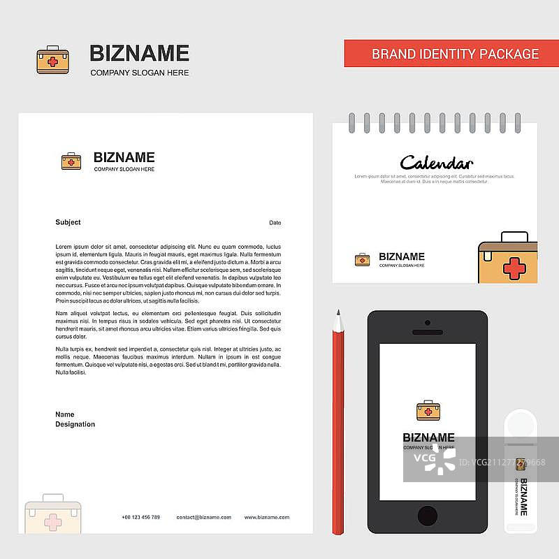 急救箱，商业信笺，2019年日历和移动应用程序设计矢量模板图片素材