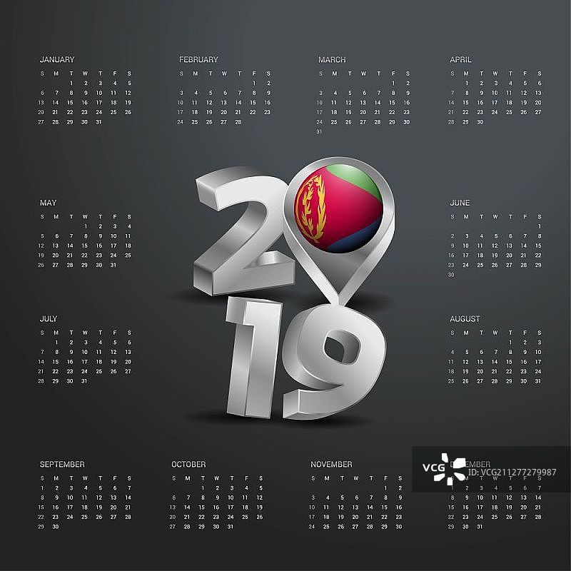 2019年日历模板：灰色排版，厄立特里亚国家地图金色标题图片素材