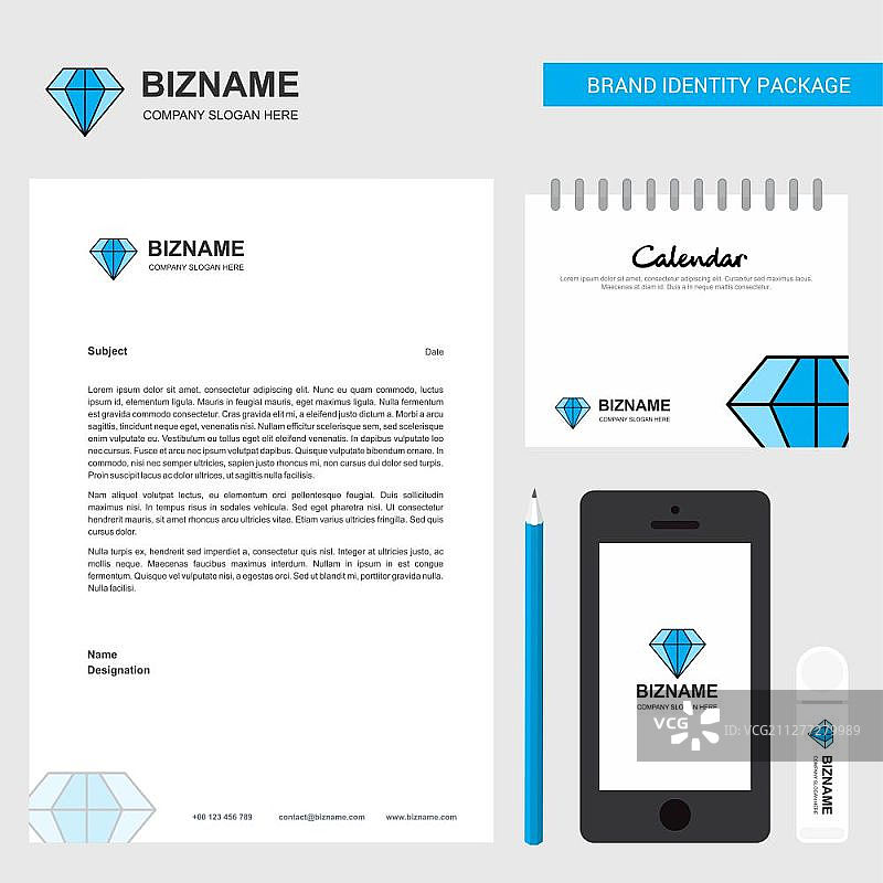 钻石商务信头、2019年日历和移动App设计矢量模板图片素材