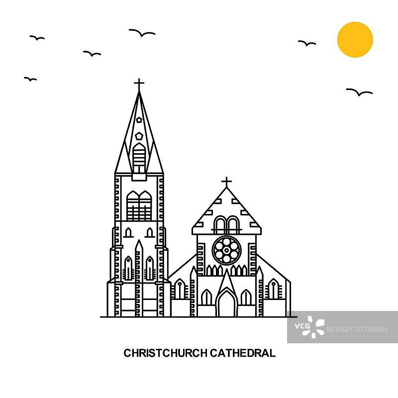 基督城大教堂纪念碑：世界旅行自然风格背景线性插画图片素材