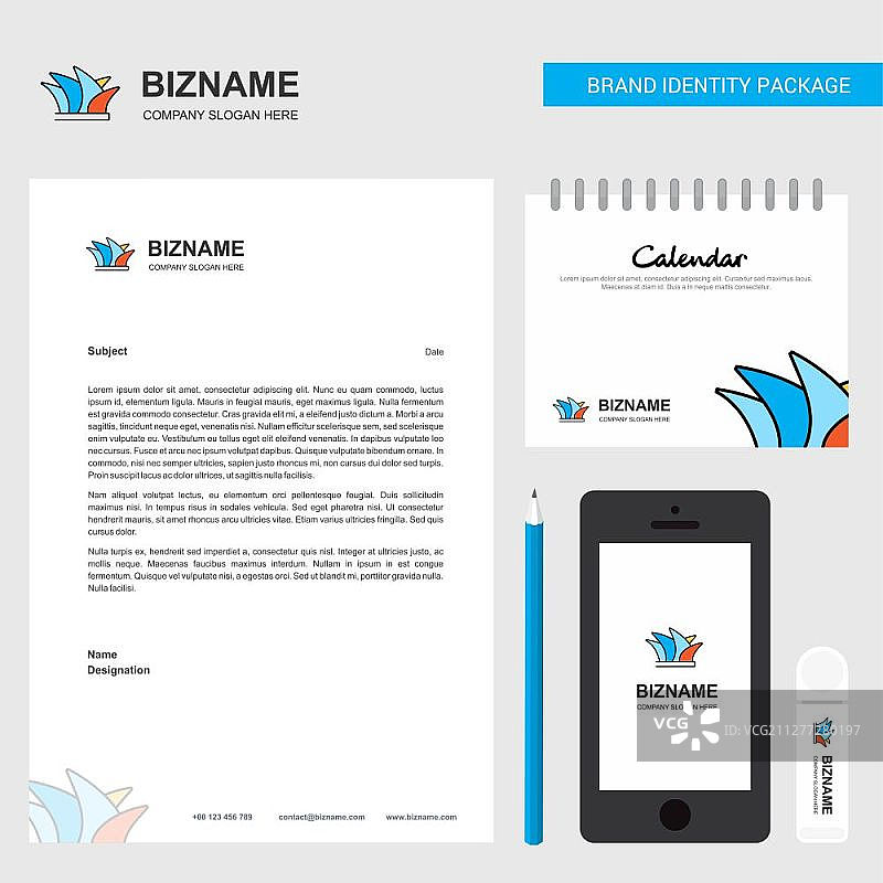 悉尼商务信纸、2019年日历与移动应用设计矢量模板图片素材