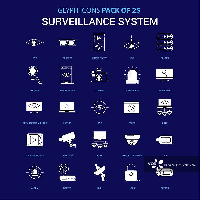 蓝色背景上的监控白色图标，25个图标包图片素材