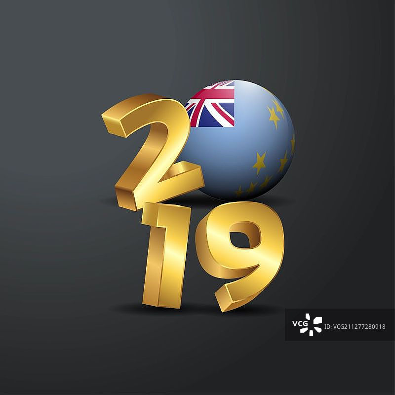 2019年金色排版与图瓦卢国旗：新年快乐字样图片素材