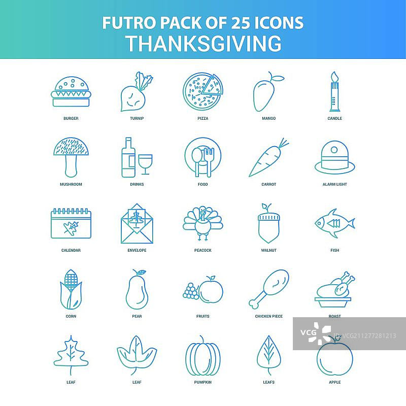 25个绿色蓝色未来主义感恩节图标包图片素材