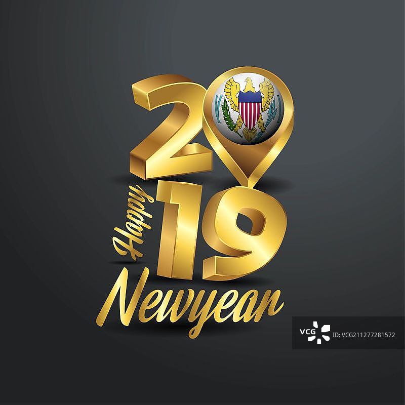2019新年快乐金色排版与美属维尔京群岛国旗定位Pin设计图片素材
