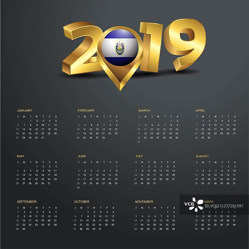 2019日历模板，萨尔瓦多地图金色排版标题图片素材