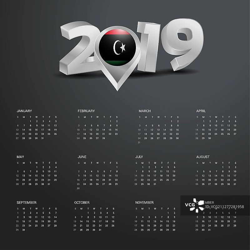 2019年日历模板：利比亚地图金色排版灰色标题图片素材