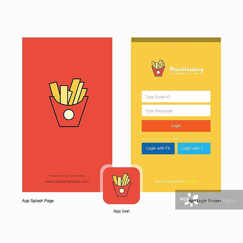 带Logo模板的公司薯条启动画面和登录页面设计。移动在线商务模板图片素材