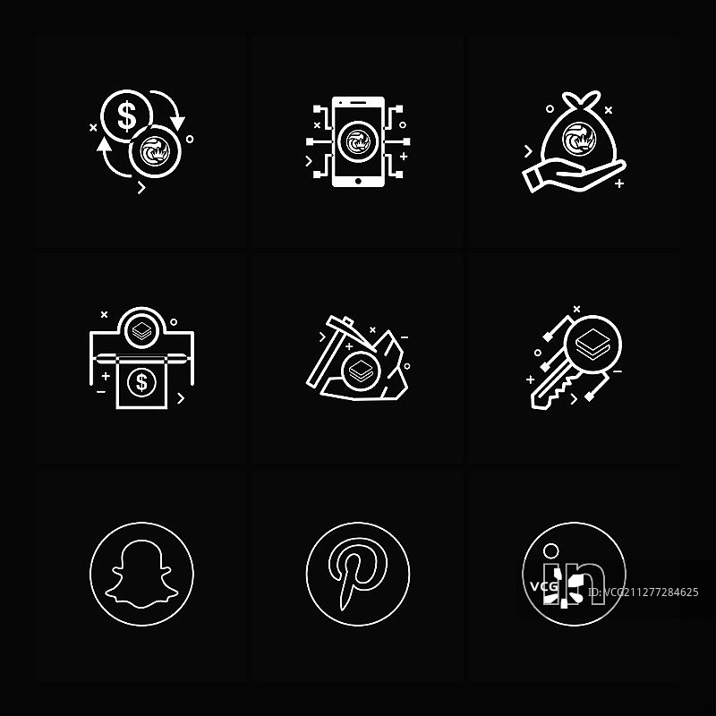 Snapchat、Pintrest、LinkedIn、Nexus、NXS、加密货币、货币、交易所、硬币、美元、图表、图标、矢量、设计、扁平风格、创意图标图片素材