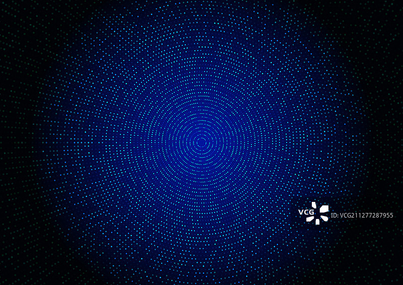 具有点状径向图案和暗背景技术风格发光的抽象蓝色半色调效果矢量插图图片素材