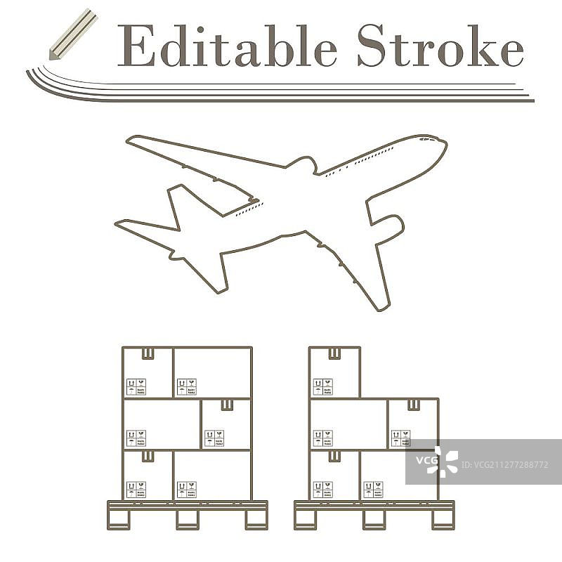飞机下托盘上的箱子。可编辑描边矢量插画。图片素材