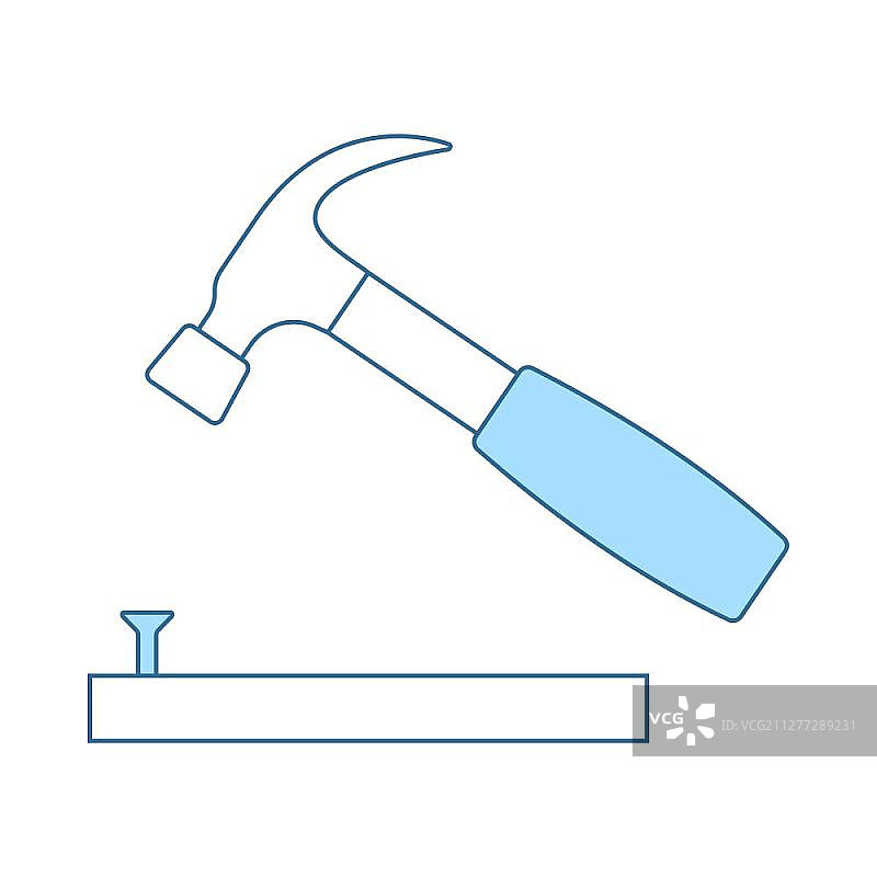 锤子敲钉子图标：蓝色细线填充设计矢量图图片素材