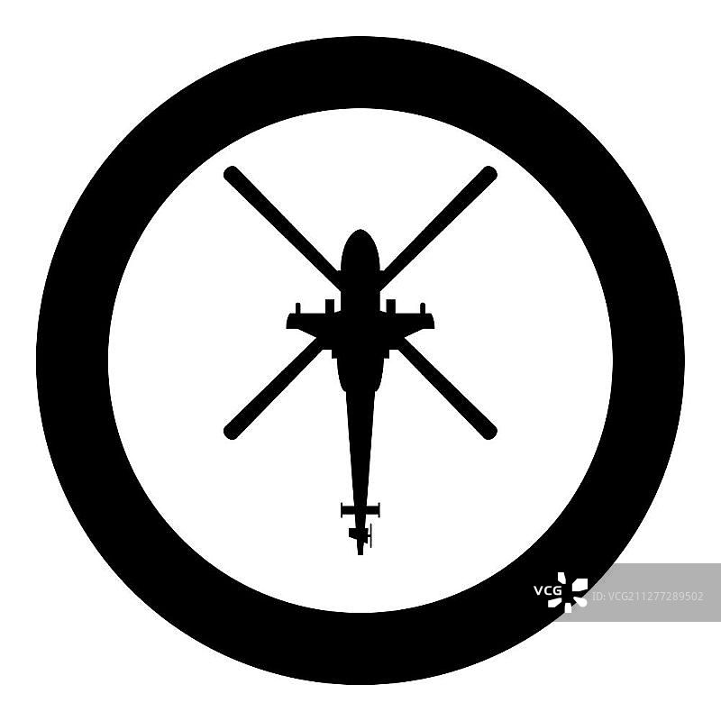 俯视战斗直升机圆形黑色矢量图标（扁平风格）图片素材