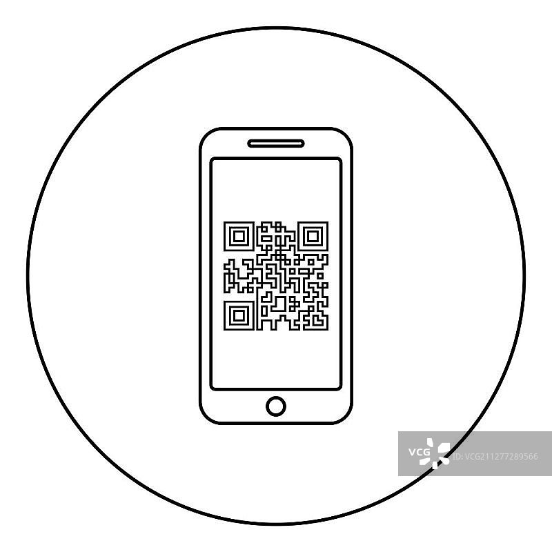 带有二维码扫描的智能手机图标：圆形轮廓黑色矢量图图片素材