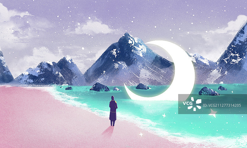 一个站在山和大海边上对着月亮许愿的人图片素材
