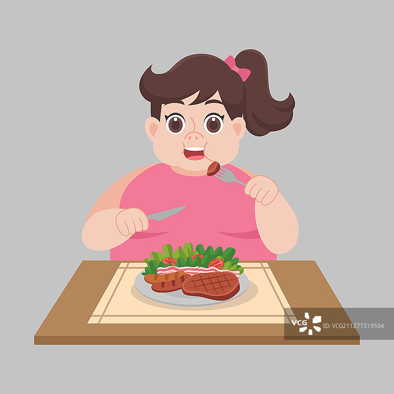 准备吃沙拉香肠等食物的胖女人图片素材