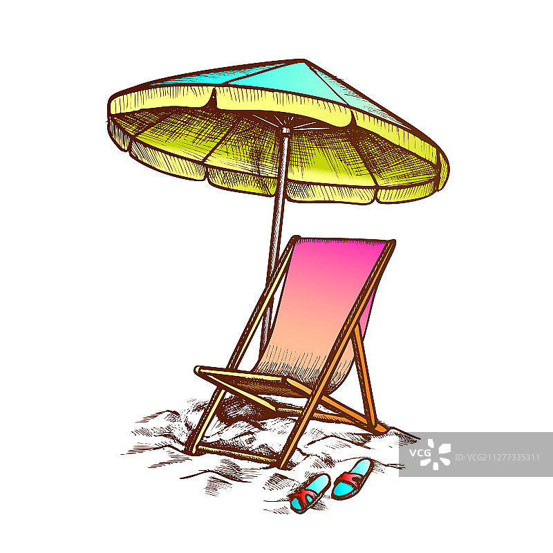 带有雨伞和拖鞋墨水的躺椅图片素材