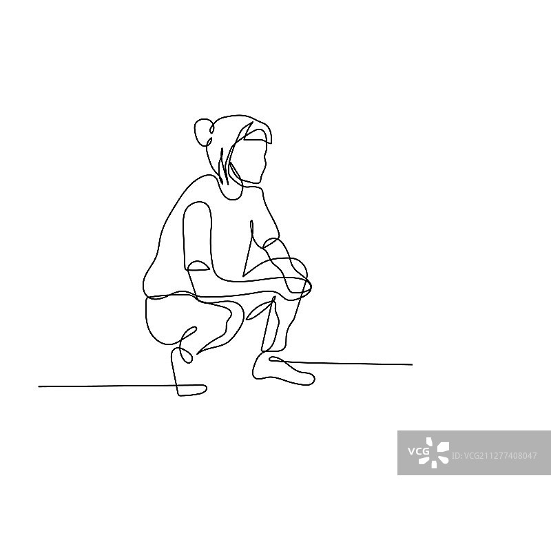 女人蹲坐的连续单线画图片素材