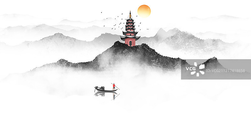 新中式淡雅山水插画图片素材