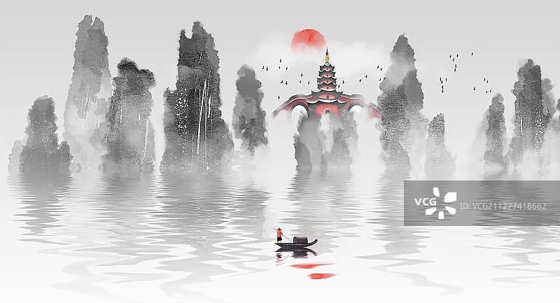 新中式淡雅山水插画图片素材