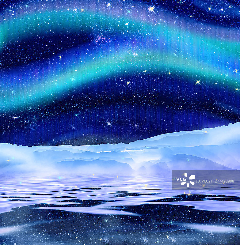 夜晚星空下极光在发出光芒插画图片素材