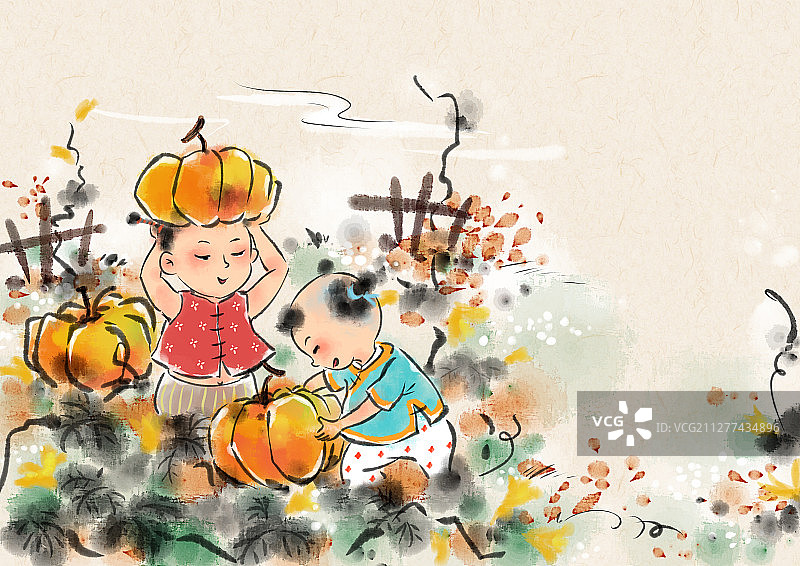 水墨风儿童插画国学经典-孩童瓜田摘南瓜图片素材
