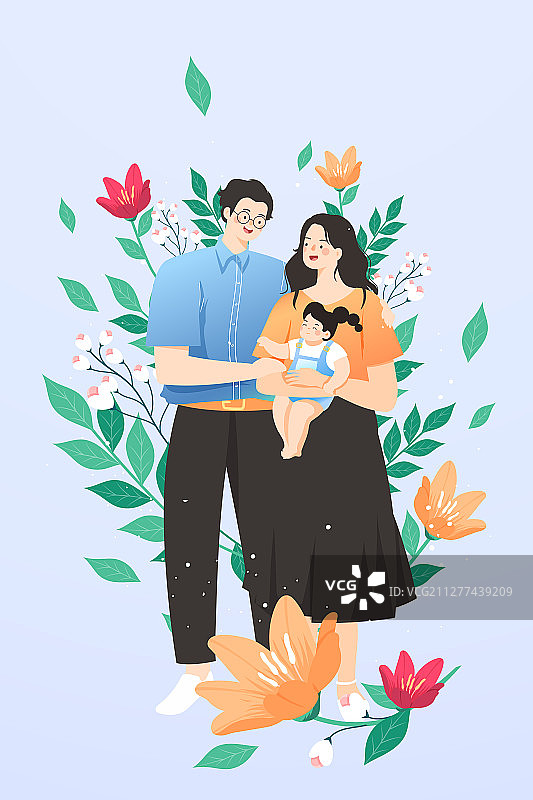 亲子出游旅行户外花卉全家福矢量插画图片素材
