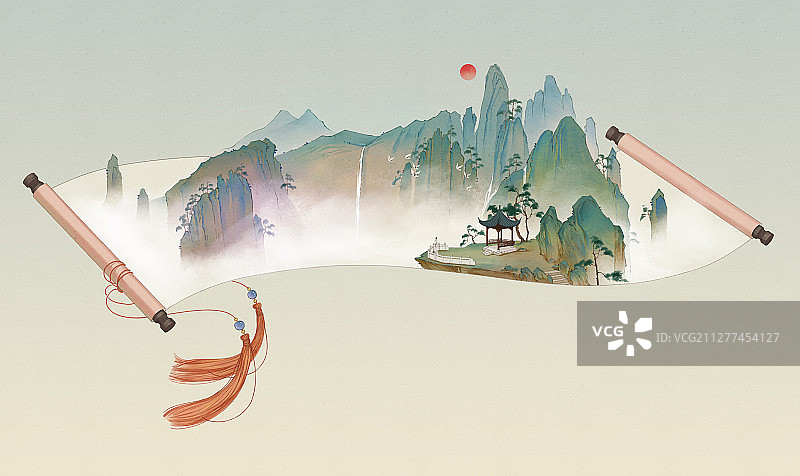 小清新水彩风格古风风景插画 庐山瀑布图片素材