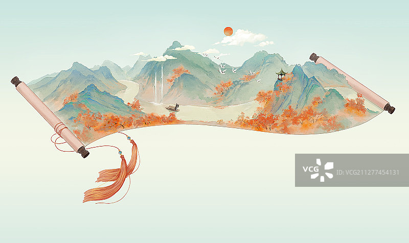 小清新水彩风格古风风景插画 三峡图片素材