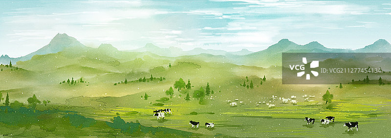 小清新水彩风格古风风景插画 草原图片素材