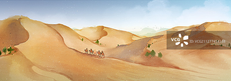 小清新水彩风格古风风景插画 沙漠图片素材