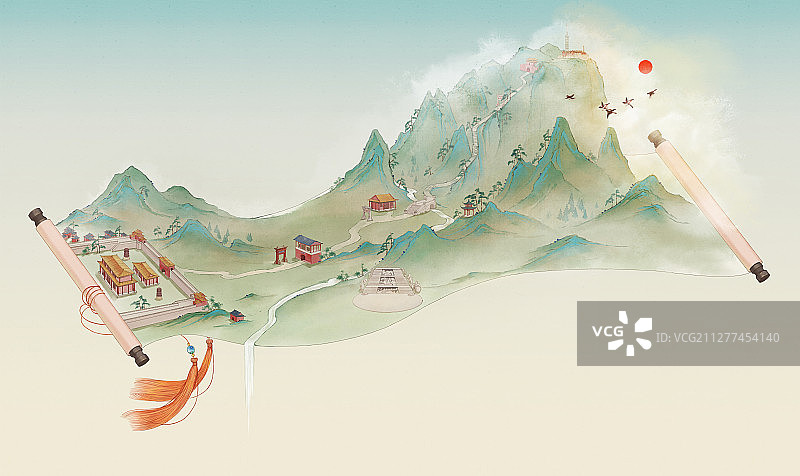 小清新水彩风格古风风景插画 泰山图片素材